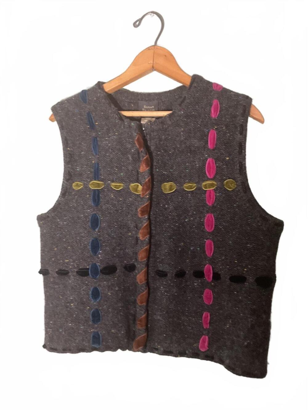 Vintage Susan Bristol Hand Embroidered Ribbon Wool Vest Large
